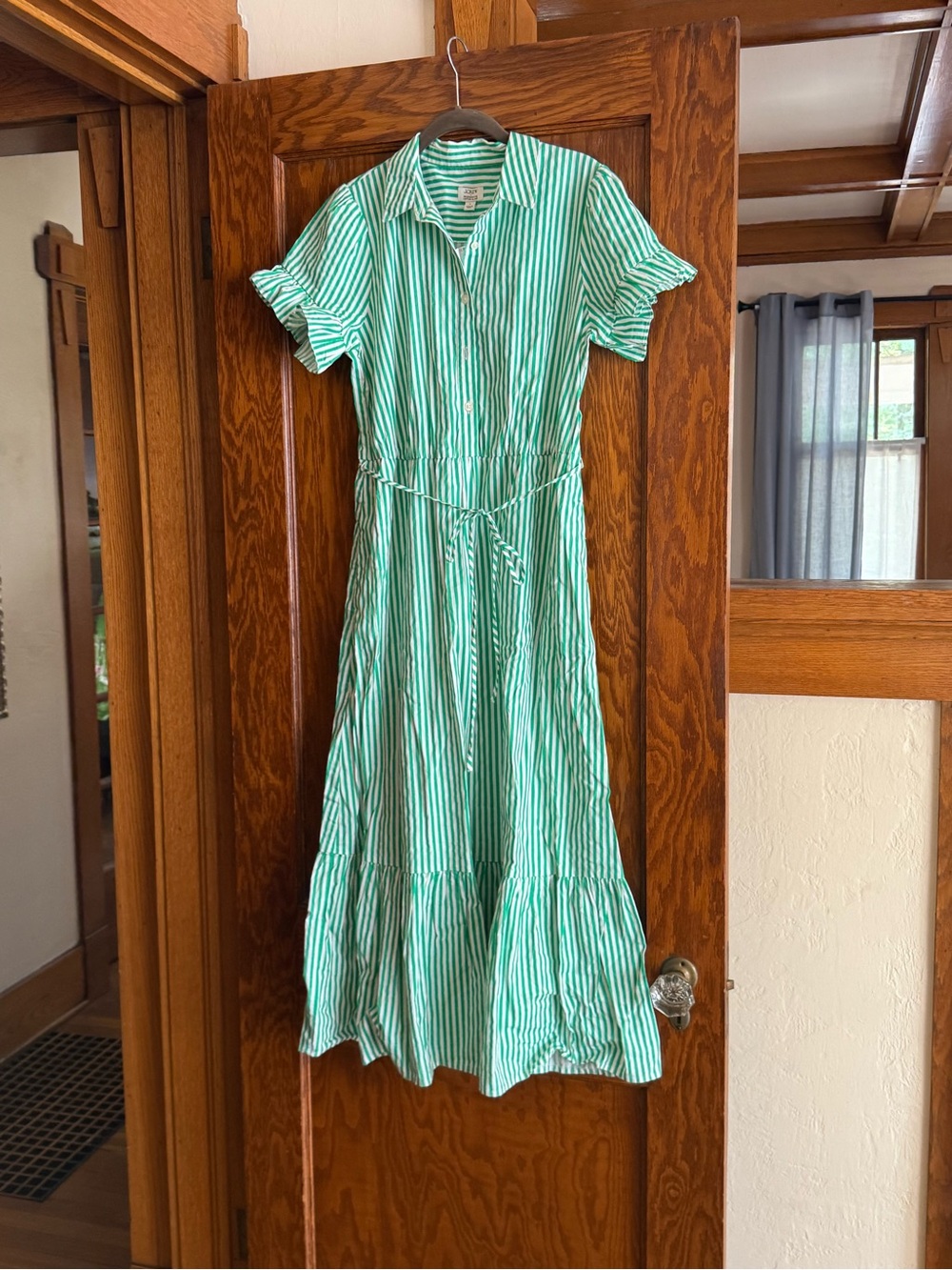 J. Crew Green and White Striped Shirt Dress